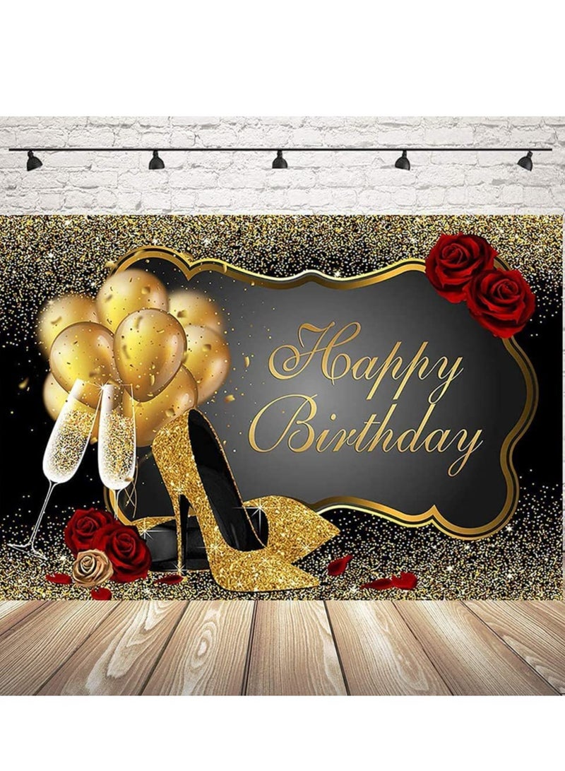 KASTWAVE Happy Birthday Backdrop Banner Glitter Gold Red Rose Floral Golden Balloons Gold High Heels Birthday Sign Poster Photography Background Supply for Anniversary Party Decorations 100*150 CM - Image 5