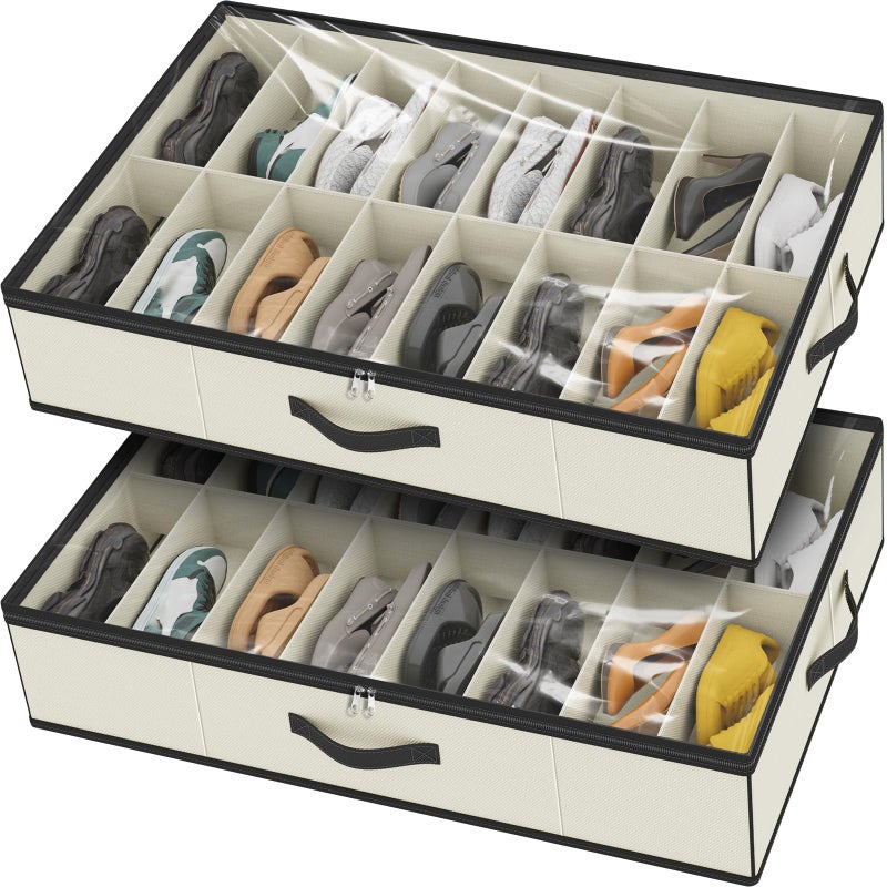 homyfort 32 Pairs Shoe Organizer Under Bed Sturdy Underbed Shoe Storage Boxes Bins Organizador De Zapatos Extra Large Zapateras Organizer Beige Set of 2