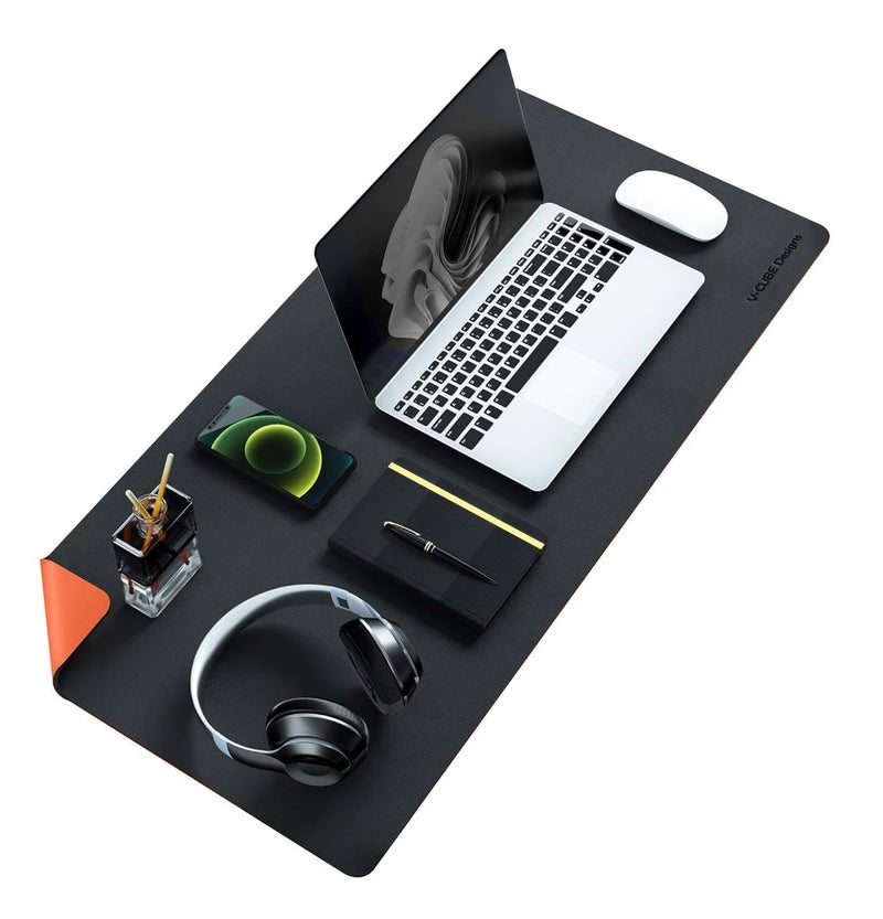 V-CUBE Designs Premium Vegan Leather Dual Color Desk Mat 75X40cm 1.8mm Thick| Laptop Mat/Extended Large Mouse Pad, Reversible Deskspread |High Tear/Peel Strength|Anti-Slip,Splash-Proof| Black&Orange - Image 1