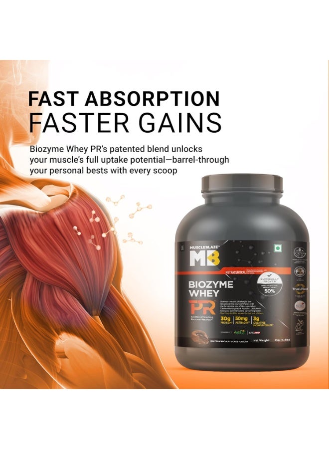 مسل بلايز مسحوق بروتين مصل اللبن MuscleBlaze Biozyme Whey Protein PR (يحتوي على 30 جم بروتين، و3 جم كرياتين مونوهيدرات، و50 مجم AstraGin) - نكهة كعكة الشوكولاتة الذائبة (Molten Chocolate Cake)، وزن 2 كجم / 4.4 رطل | حاصل على شهادة Trustified Gold - Image 2