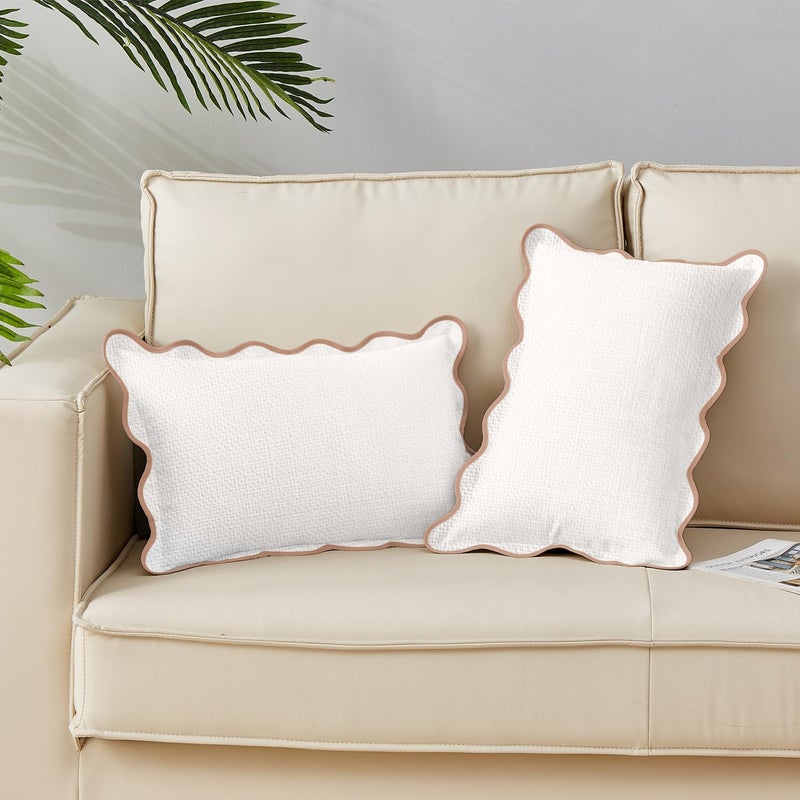 Mayler Yee Scalloped Throw Pillow Covers Set of 2 for Living Room, Cotton & Linen, Boho Sytle Decorative Home (Beige & Brown Edge, 12x20 Inch) - Image 1