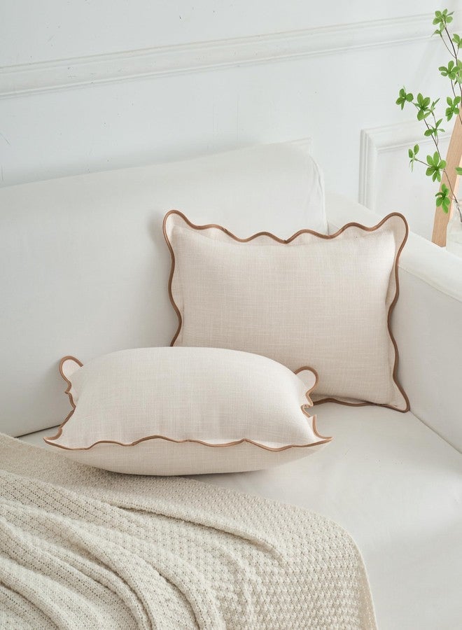 Mayler Yee Scalloped Throw Pillow Covers Set of 2 for Living Room, Cotton & Linen, Boho Sytle Decorative Home (Beige & Brown Edge, 12x20 Inch) - Image 5