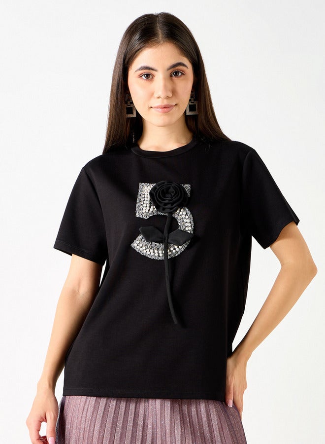 2Xtremz Embellished Crew Neck T-shirt with Short Sleeves - Image 1
