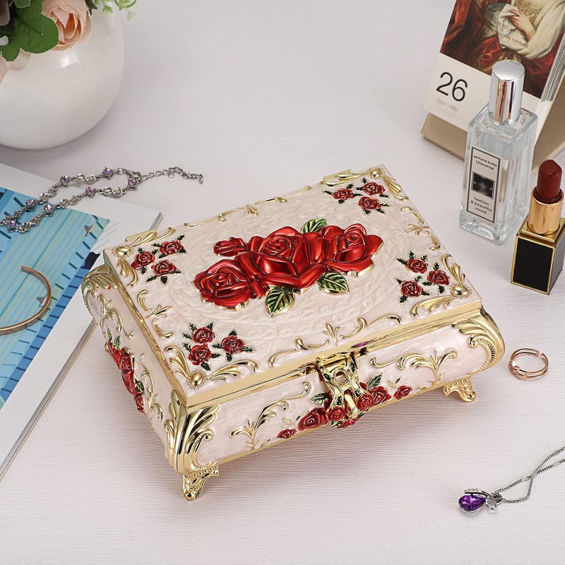 Hipiwe Metal Decorative Jewelry Box Vintage Treasure Chest Case Ornate Trinket Organizer Earrings Necklace Bracelet Storage Box Ring Holder Keepsake Box for Women Girls - Image 2