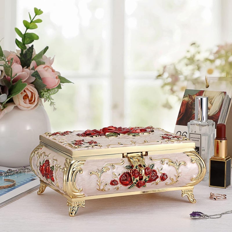 Hipiwe Metal Decorative Jewelry Box Vintage Treasure Chest Case Ornate Trinket Organizer Earrings Necklace Bracelet Storage Box Ring Holder Keepsake Box for Women Girls - Image 4