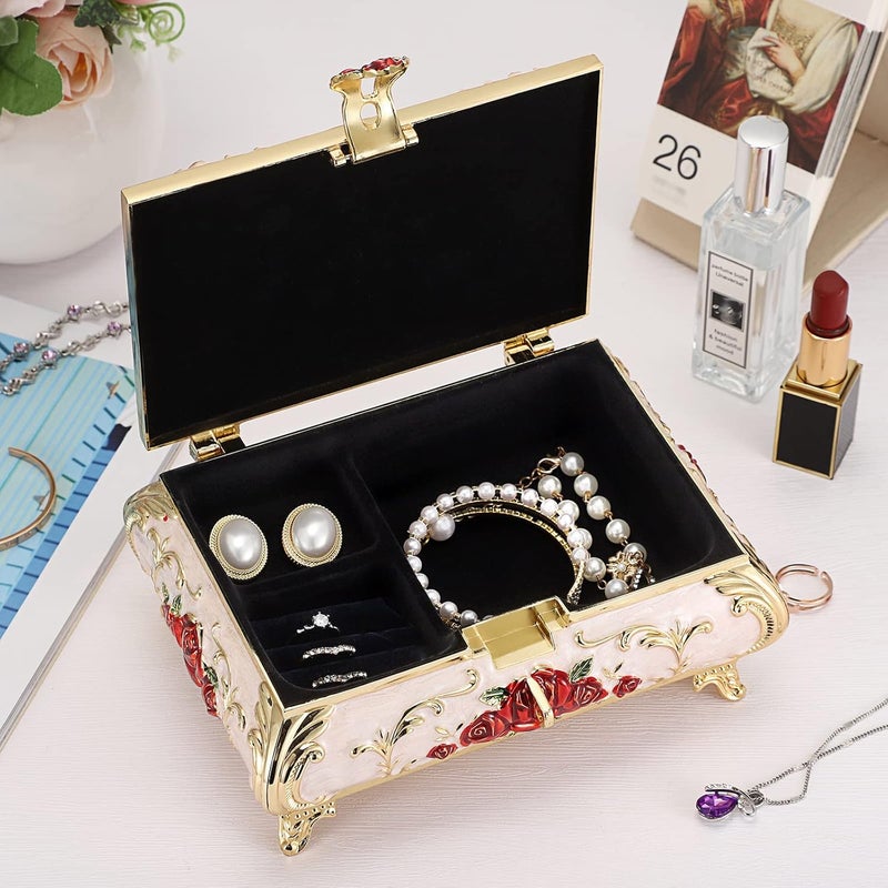Hipiwe Metal Decorative Jewelry Box Vintage Treasure Chest Case Ornate Trinket Organizer Earrings Necklace Bracelet Storage Box Ring Holder Keepsake Box for Women Girls - Image 3