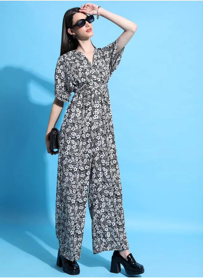 Tokyo Talkies Paisley Floral Print V Neck Front Twisted Jumpsuit by Styli