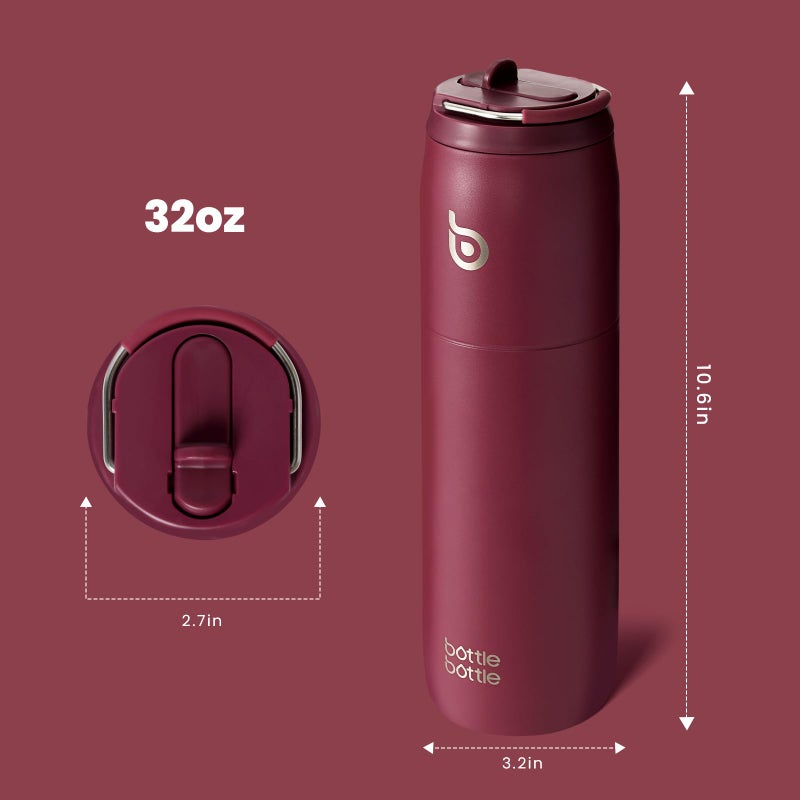 bottle bottle زجاجة زجاجة زجاجة ماء من الفولاذ المقاوم للصدأ مع قشة وغطاء، 32 أونصة كوب معزول بالفراغ، يبقى بارداً وساخناً، زجاجات ماء رياضية مقاومة للتسرب بفم واسع باللون الأحمر - Image 3