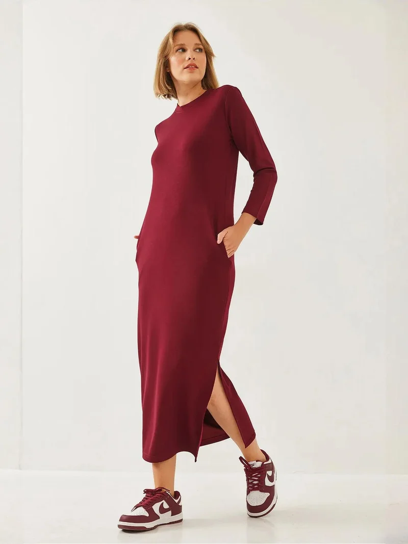Bianco Lucci LUCCI Crew Neck Long Sleeve Midi Dress with Slit