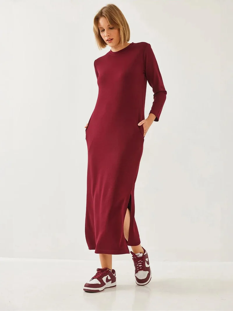 Bianco Lucci LUCCI Crew Neck Long Sleeve Midi Dress with Slit