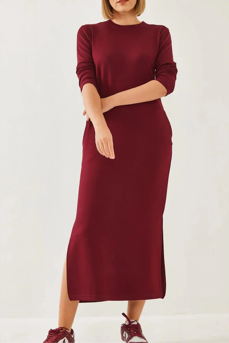 Bianco Lucci LUCCI Crew Neck Long Sleeve Midi Dress with Slit