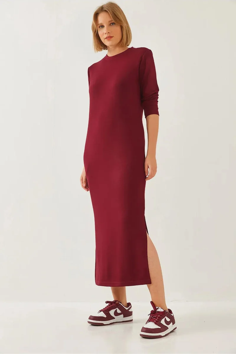 Bianco Lucci LUCCI Crew Neck Long Sleeve Midi Dress with Slit
