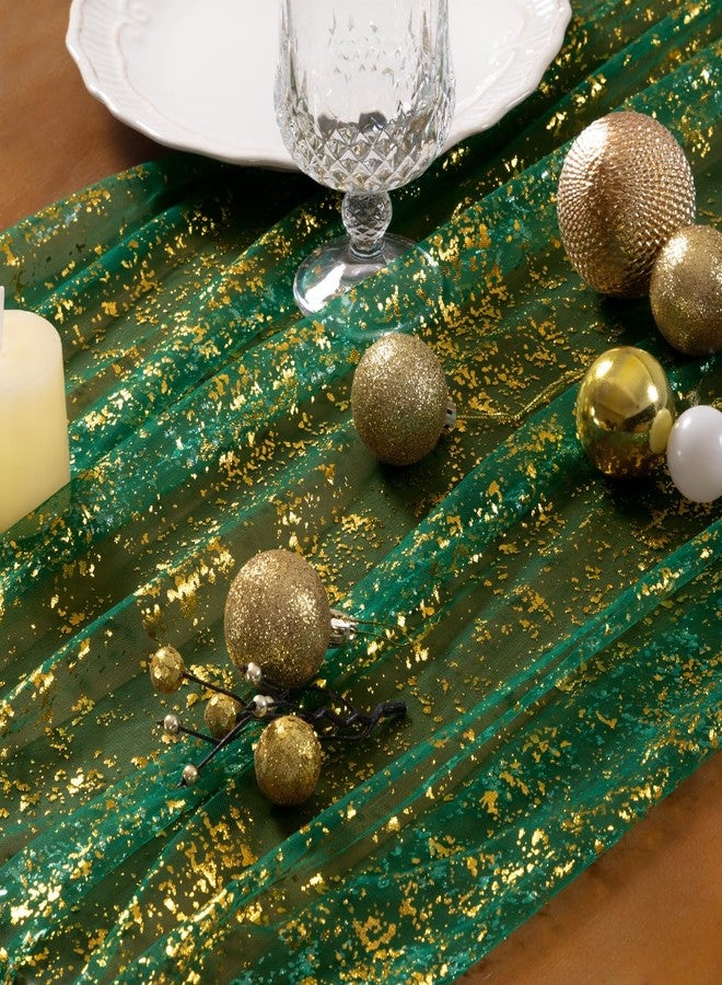 Socomi Gold Table Runner Christmas Snow Gauze Sheer Chiffon Cheesecloth Sequin 10FT Glitter Metallic Foil Dining Wedding Birthday Party Fall Winter Anniversary Holiday Centerpiece Table Decor Emerald Green - Image 3