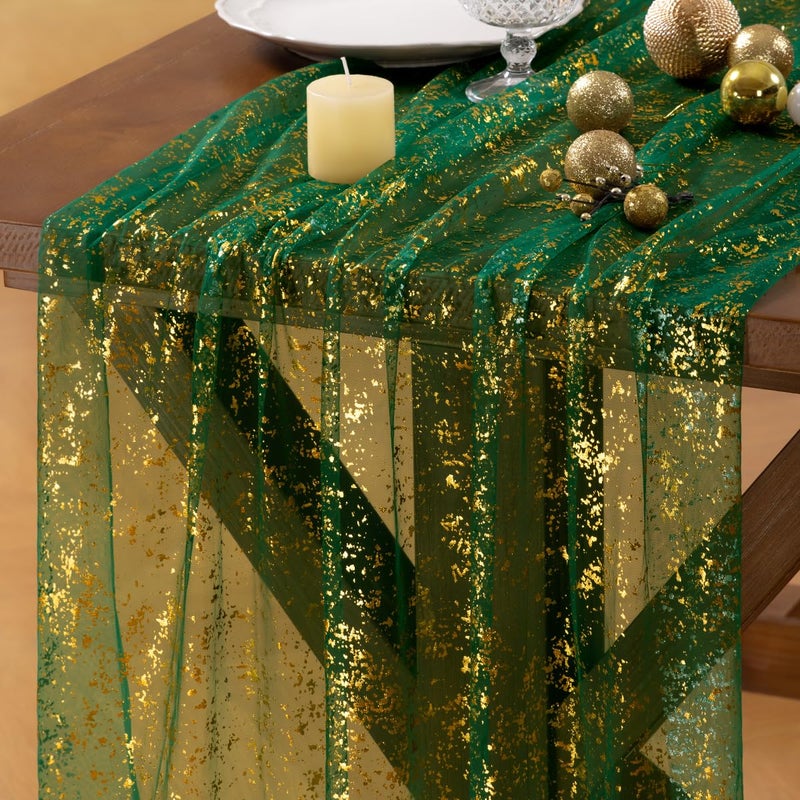 Socomi Gold Table Runner Christmas Snow Gauze Sheer Chiffon Cheesecloth Sequin 10FT Glitter Metallic Foil Dining Wedding Birthday Party Fall Winter Anniversary Holiday Centerpiece Table Decor Emerald Green - Image 1