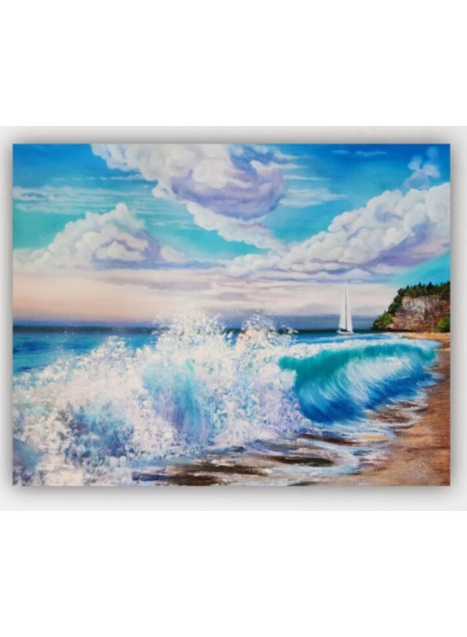 Turquoise Wave Oil Painting: Seaside Beach House Art ( 70 x 50 x 2 cm) - Image 1