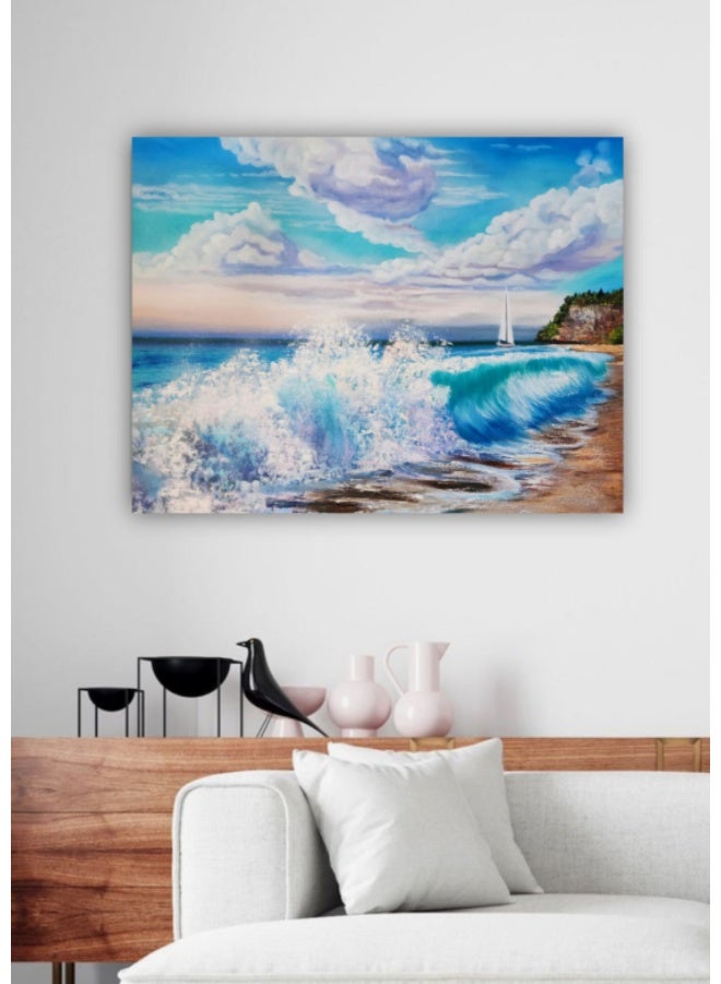 Turquoise Wave Oil Painting: Seaside Beach House Art ( 70 x 50 x 2 cm) - Image 2