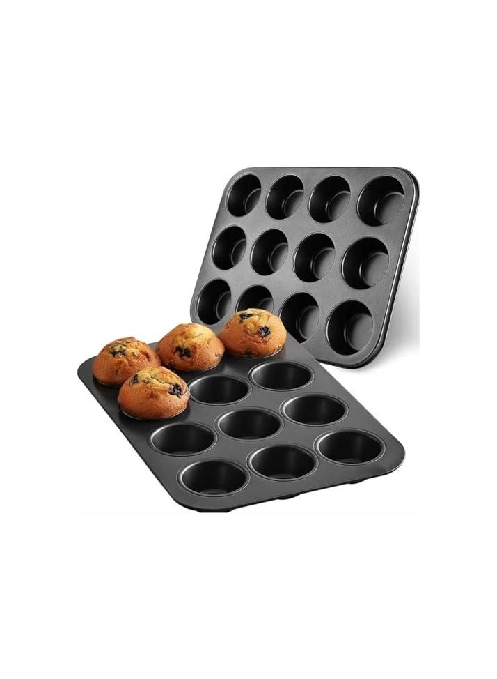 Green Tiger [2-Pack] 12 Cup Cupcake Baking tray Non-Stick Carbon Steel Muffin Tray Oven Baking Pan Heat Resistant Bakeware Pan perfect for making Cupcakes, Mini Pie - Image 1