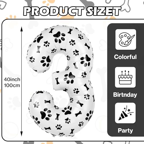 AXBMM 40 Inch Dog Foil Birthday Balloons Black White Dog Paw and Bone Print Number 3 Balloons for Girls Boys 3th Birthday Party DecorationsNumber 3 - Image 5