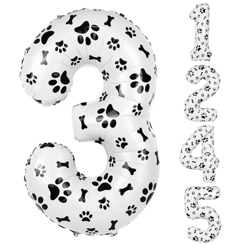 AXBMM 40 Inch Dog Foil Birthday Balloons Black White Dog Paw and Bone Print Number 3 Balloons for Girls Boys 3th Birthday Party DecorationsNumber 3 - Image 1