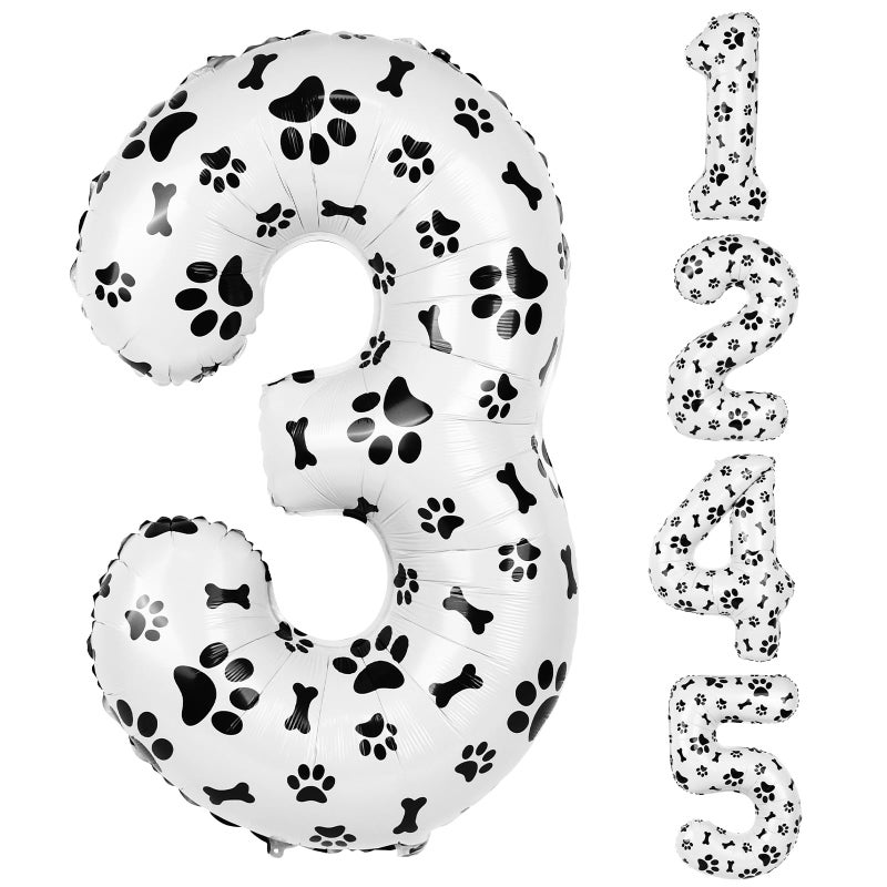 AXBMM 40 Inch Dog Foil Birthday Balloons Black White Dog Paw and Bone Print Number 3 Balloons for Girls Boys 3th Birthday Party DecorationsNumber 3 - Image 3
