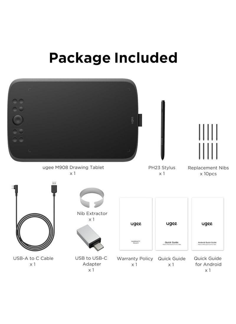 M908 Graphics Drawing Tablet – 10x6.25 Inch Digital Art Pad with 16K Pressure Sensitivity, Battery-Free Stylus, 8 Hotkeys & Scroll Wheel for Windows, Mac & Android