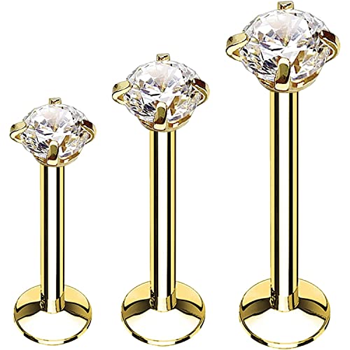 BodyJ4You 3PC Labret Tragus Cartilage 16G Studs, Internally Threaded Goldtone Surgical Steel, Helix Lip Monroe Medusa Conch, Versatile Piercing Jewelry - Image 1