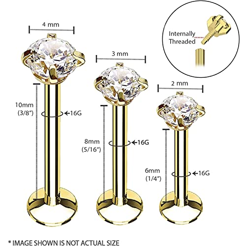 BodyJ4You 3PC Labret Tragus Cartilage 16G Studs, Internally Threaded Goldtone Surgical Steel, Helix Lip Monroe Medusa Conch, Versatile Piercing Jewelry - Image 3