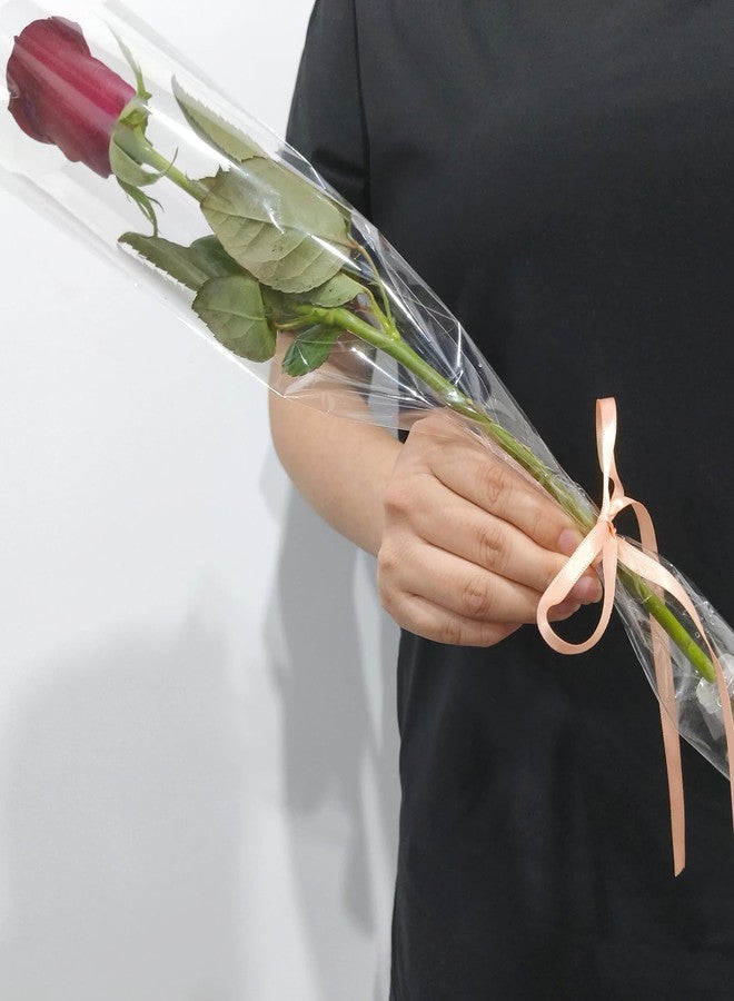 AKLVBL Flower Sleeves for Bouquets 100 Pcs Clear Single Rose Sleeve - 100 Pcs Floral Water Tubes for Bouquets - 40 Yards Light Pink Ribbon for Gift Wrapping for Mother's Day Wedding Graduation Party - Image 4