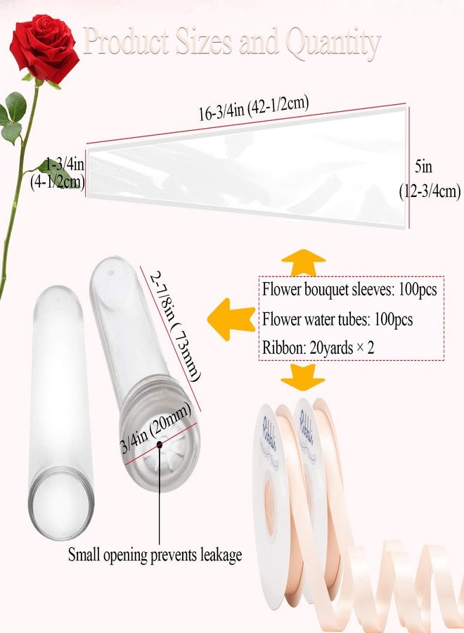 AKLVBL Flower Sleeves for Bouquets 100 Pcs Clear Single Rose Sleeve - 100 Pcs Floral Water Tubes for Bouquets - 40 Yards Light Pink Ribbon for Gift Wrapping for Mother's Day Wedding Graduation Party - Image 2