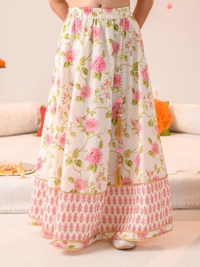 Pspeaches Girl's Cotton Readymade Lehenga Choli (L-Offwhitepinkbooti_Off White_12-13Y) - Image 3