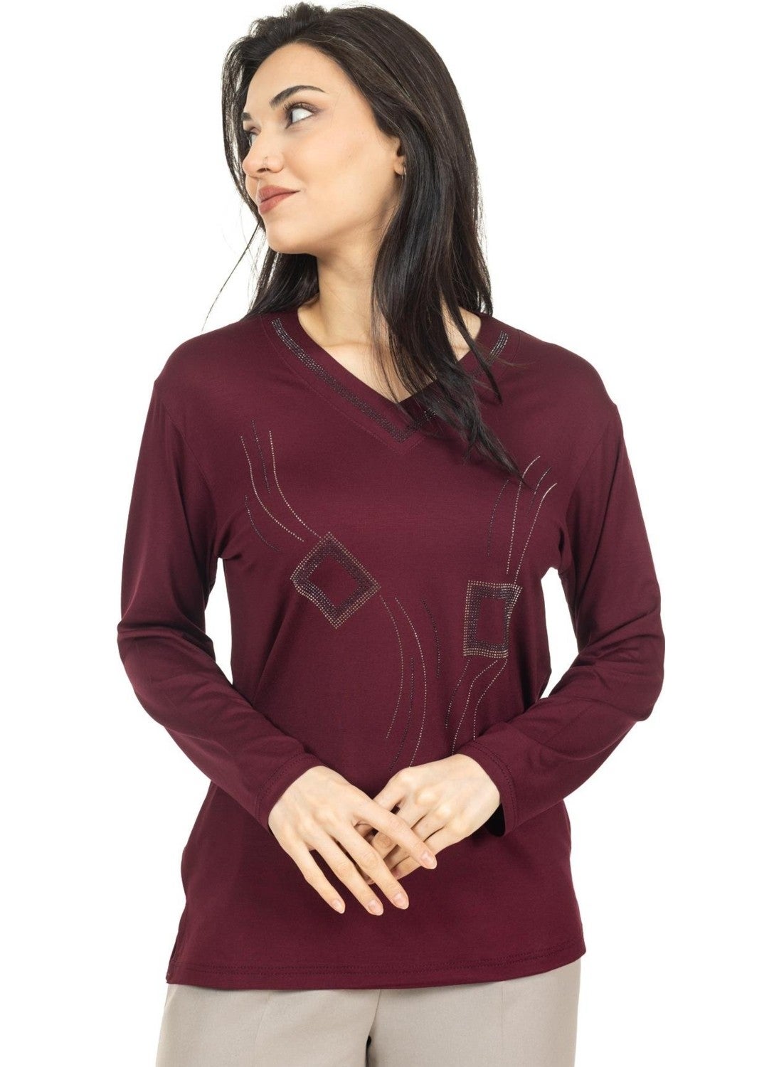 Mutlu City - Women Middle Age and Above New Model V Neck Stone Embroidered Mother's Combed Cotton Blouse 30560 - Image 1