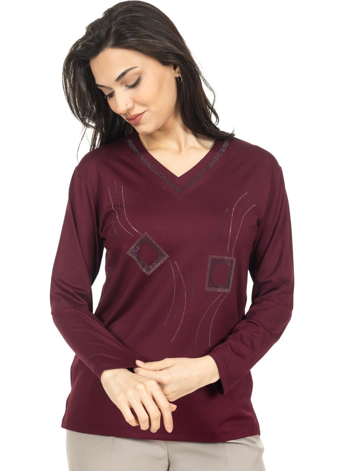 Mutlu City - Women Middle Age and Above New Model V Neck Stone Embroidered Mother's Combed Cotton Blouse 30560 - Image 1