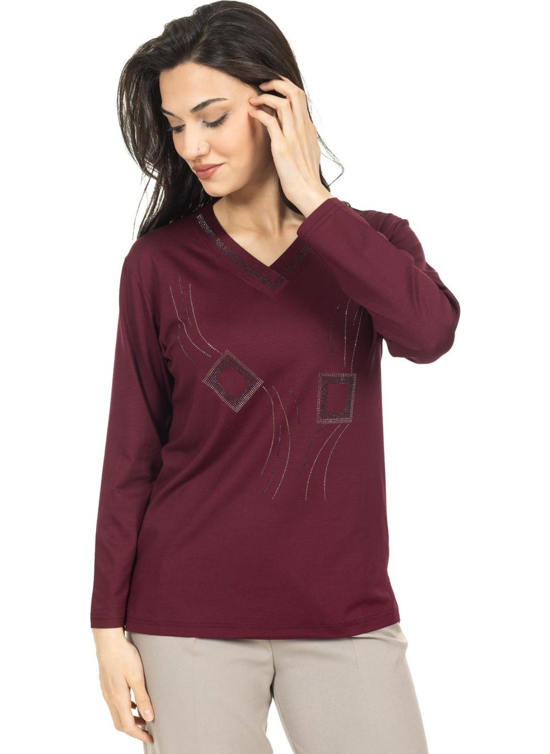 Mutlu City - Women Middle Age and Above New Model V Neck Stone Embroidered Mother's Combed Cotton Blouse 30560 - Image 1