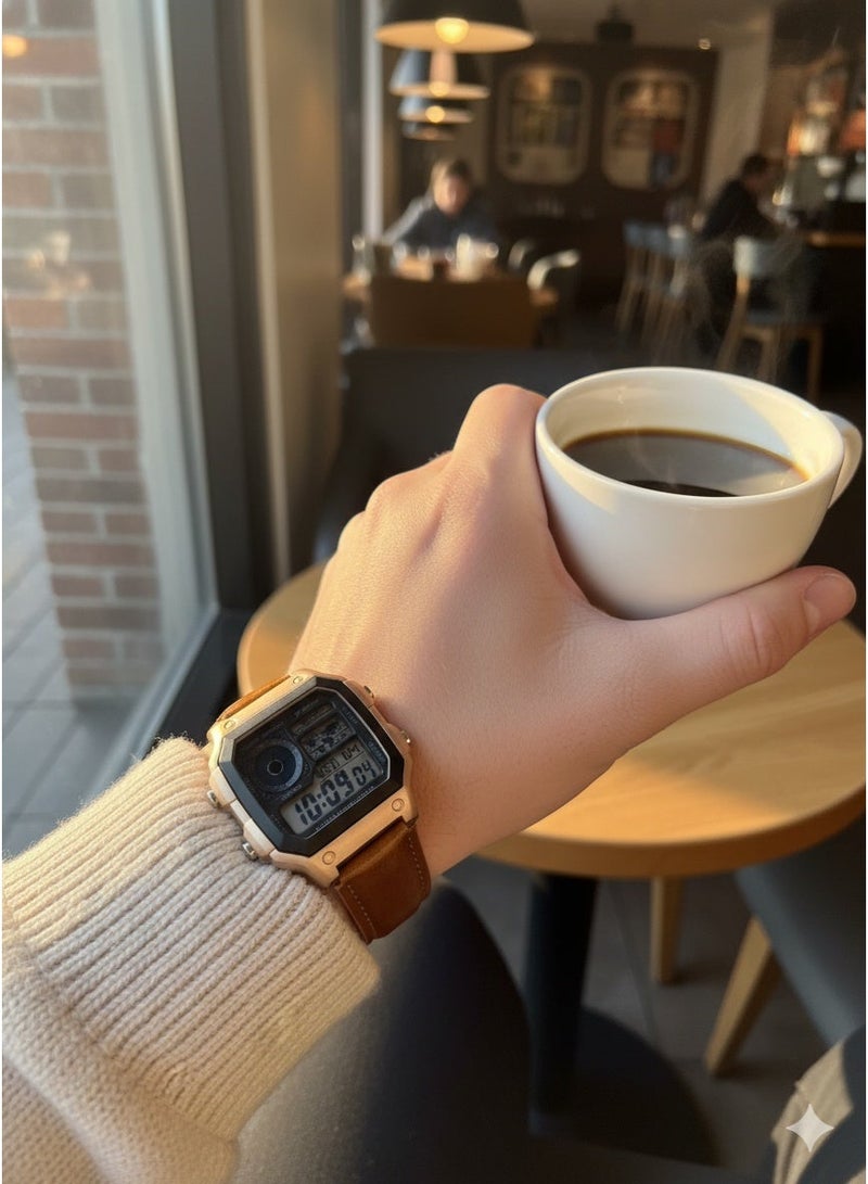 Macon Men’s Digital Sports Watch, Resin Bronze Square Dial, Caramel Shade Leather Strap, Alarm, Stopwatch, Waterproof - Image 5