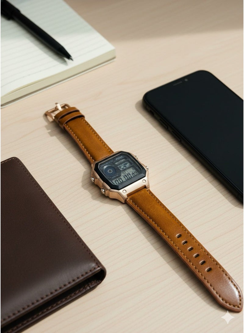 Macon Men’s Digital Sports Watch, Resin Bronze Square Dial, Caramel Shade Leather Strap, Alarm, Stopwatch, Waterproof - Image 3