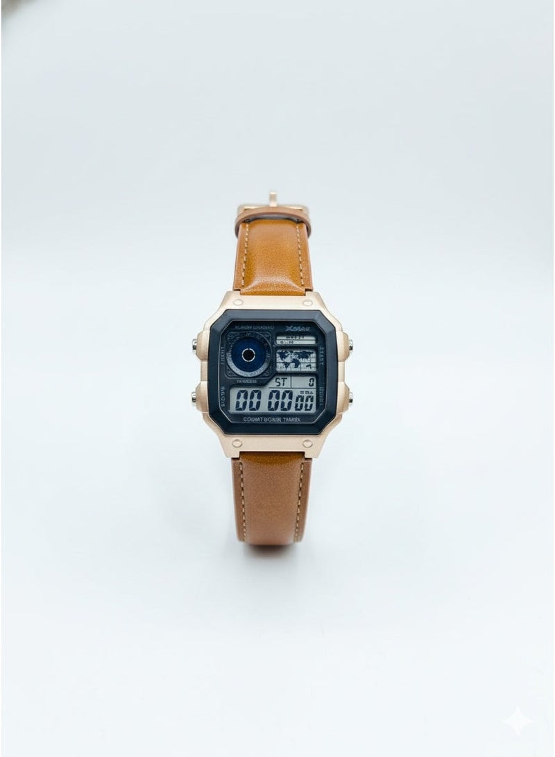 Macon Men’s Digital Sports Watch, Resin Bronze Square Dial, Caramel Shade Leather Strap, Alarm, Stopwatch, Waterproof - Image 4