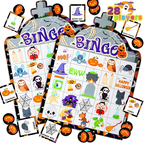 JOYIN 28 Players Halloween Bingo Game Cards for Kids Halloween Bingo Cards for Classroom School Family Group Activities Halloween Party Adults Kids Indoor Card Games - Image 1