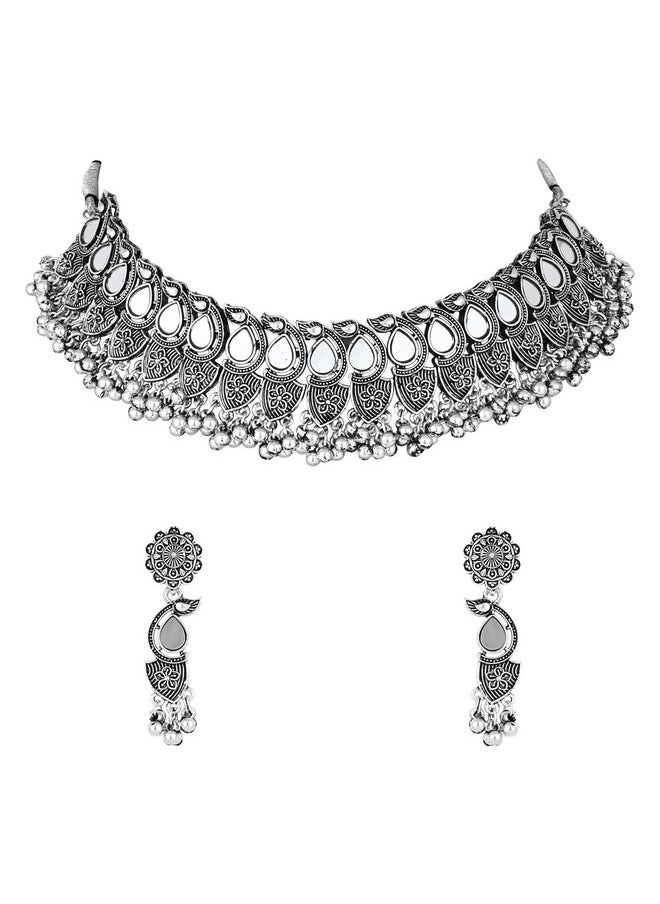 I Jewels I Jewels Navratri Silver Oxidised Afghani Ghungroo Drop Choker Necklace Jewellery Set With Earrings For Women (White)  - Image 1