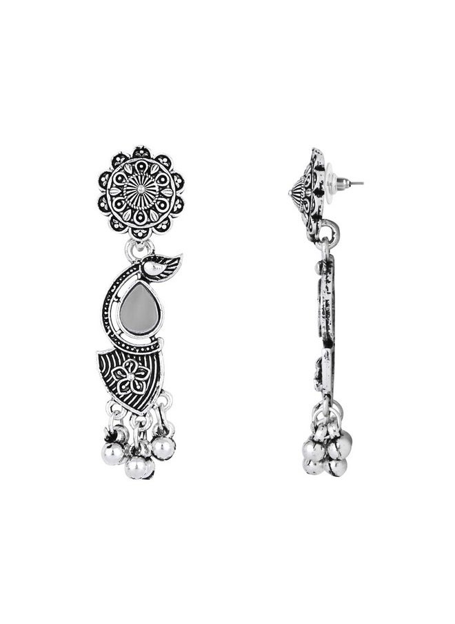 I Jewels I Jewels Navratri Silver Oxidised Afghani Ghungroo Drop Choker Necklace Jewellery Set With Earrings For Women (White)  - Image 5