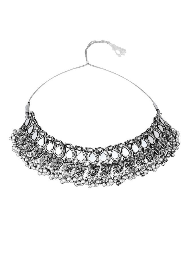I Jewels I Jewels Navratri Silver Oxidised Afghani Ghungroo Drop Choker Necklace Jewellery Set With Earrings For Women (White)  - Image 3