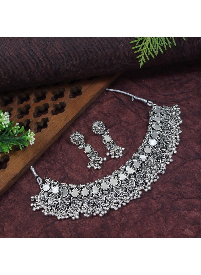 I Jewels I Jewels Navratri Silver Oxidised Afghani Ghungroo Drop Choker Necklace Jewellery Set With Earrings For Women (White)  - Image 2