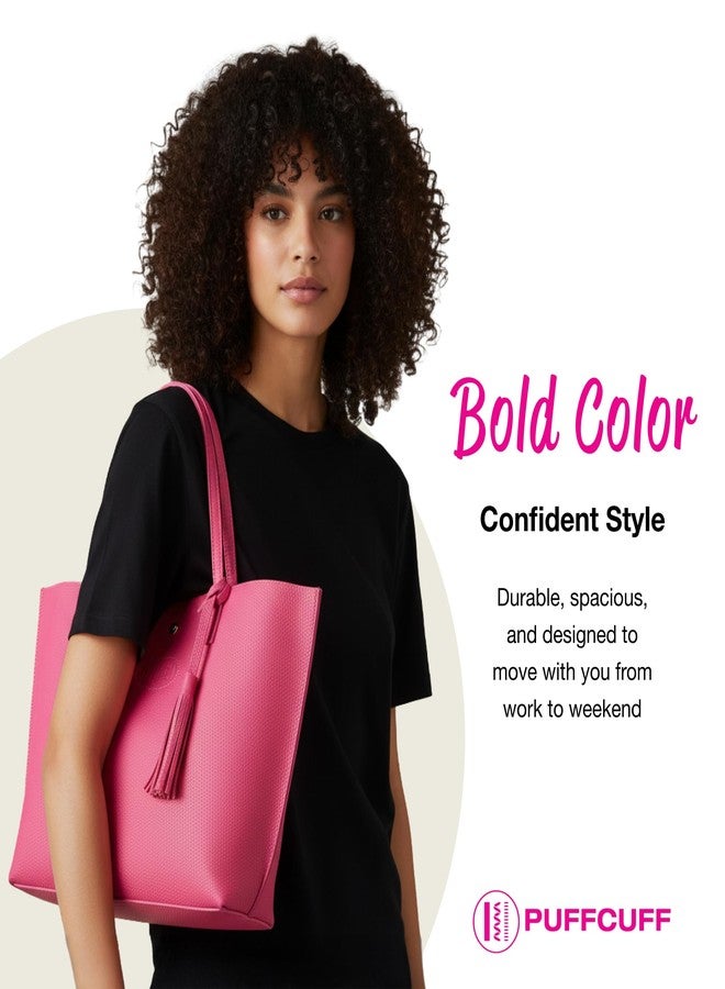 PuffCuff Pink Tote Bag | Vegan Leather | Handbag with Phone Pocket & Button Clasp | Work Purse | 14" x 4.25" x 12" - Image 4