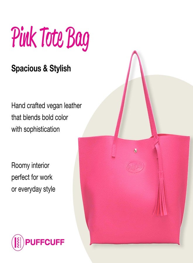 PuffCuff Pink Tote Bag | Vegan Leather | Handbag with Phone Pocket & Button Clasp | Work Purse | 14" x 4.25" x 12" - Image 2