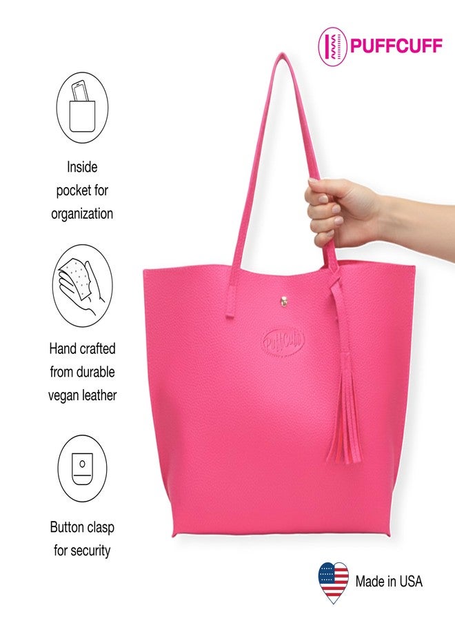 PuffCuff Pink Tote Bag | Vegan Leather | Handbag with Phone Pocket & Button Clasp | Work Purse | 14" x 4.25" x 12" - Image 3