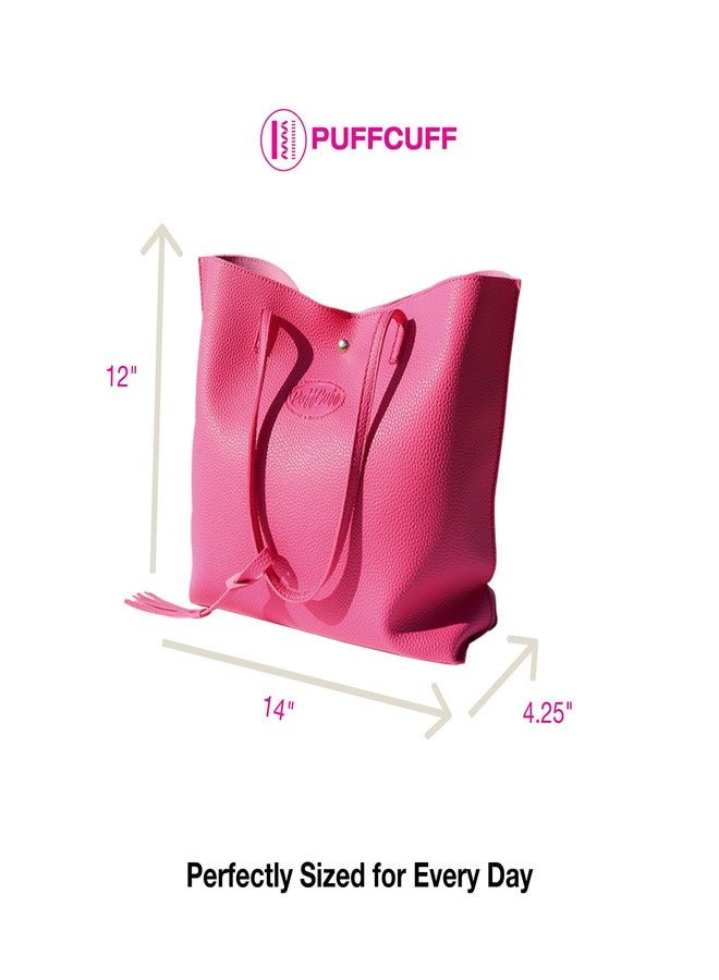 PuffCuff Pink Tote Bag | Vegan Leather | Handbag with Phone Pocket & Button Clasp | Work Purse | 14" x 4.25" x 12" - Image 5