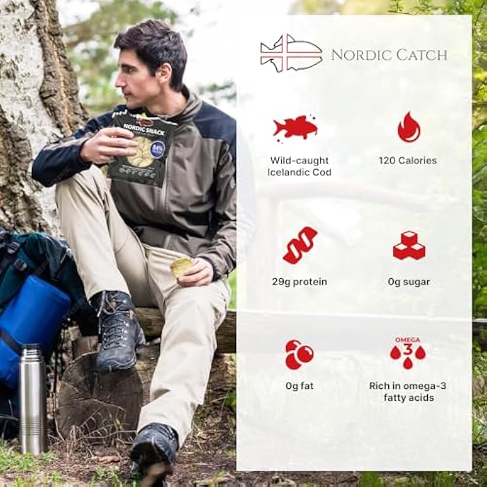 Nordic Catch وجبات سمك القد المجفف بالتجميد من نوردك كاتش - رقائق مصنوعة من سمك القد الأيسلندي البري - وجبة خفيفة صحية من السمك المجفف، غنية بأحماض أوميغا 3 الدهنية، غنية بالبروتين، وجبة خفيفة من لحم السمك المجفف صديقة للكيتو - كيس قابل لإعادة الإغلاق 35 جرام - 1 عبوة - Image 3