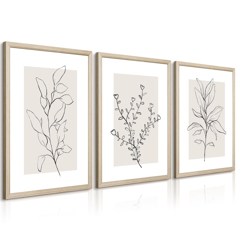 Youillne Neutral Botanical Prints Wall Art Decor Plant Minimalist Canvas Pictures Vintage Beige Wall Art Modern Farmhouse Line Poster Boho Abstract Painting Artwork for Bedroom 12x16 Inch Framed Set of 3 - Image 1