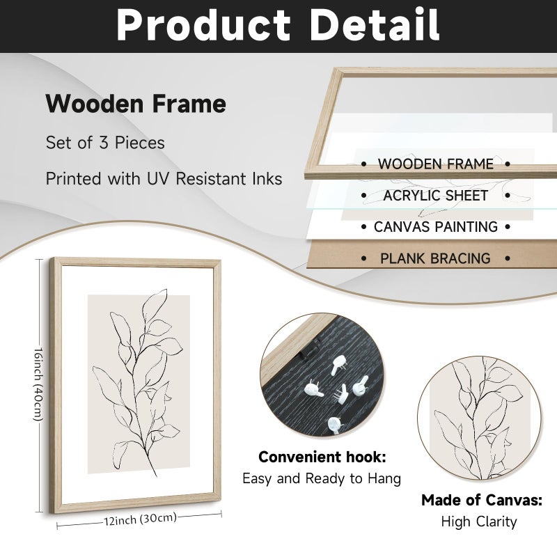 Youillne Neutral Botanical Prints Wall Art Decor Plant Minimalist Canvas Pictures Vintage Beige Wall Art Modern Farmhouse Line Poster Boho Abstract Painting Artwork for Bedroom 12x16 Inch Framed Set of 3 - Image 2