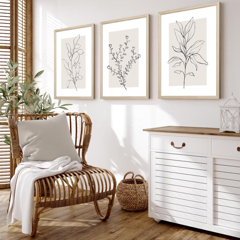 Youillne Neutral Botanical Prints Wall Art Decor Plant Minimalist Canvas Pictures Vintage Beige Wall Art Modern Farmhouse Line Poster Boho Abstract Painting Artwork for Bedroom 12x16 Inch Framed Set of 3 - Image 3
