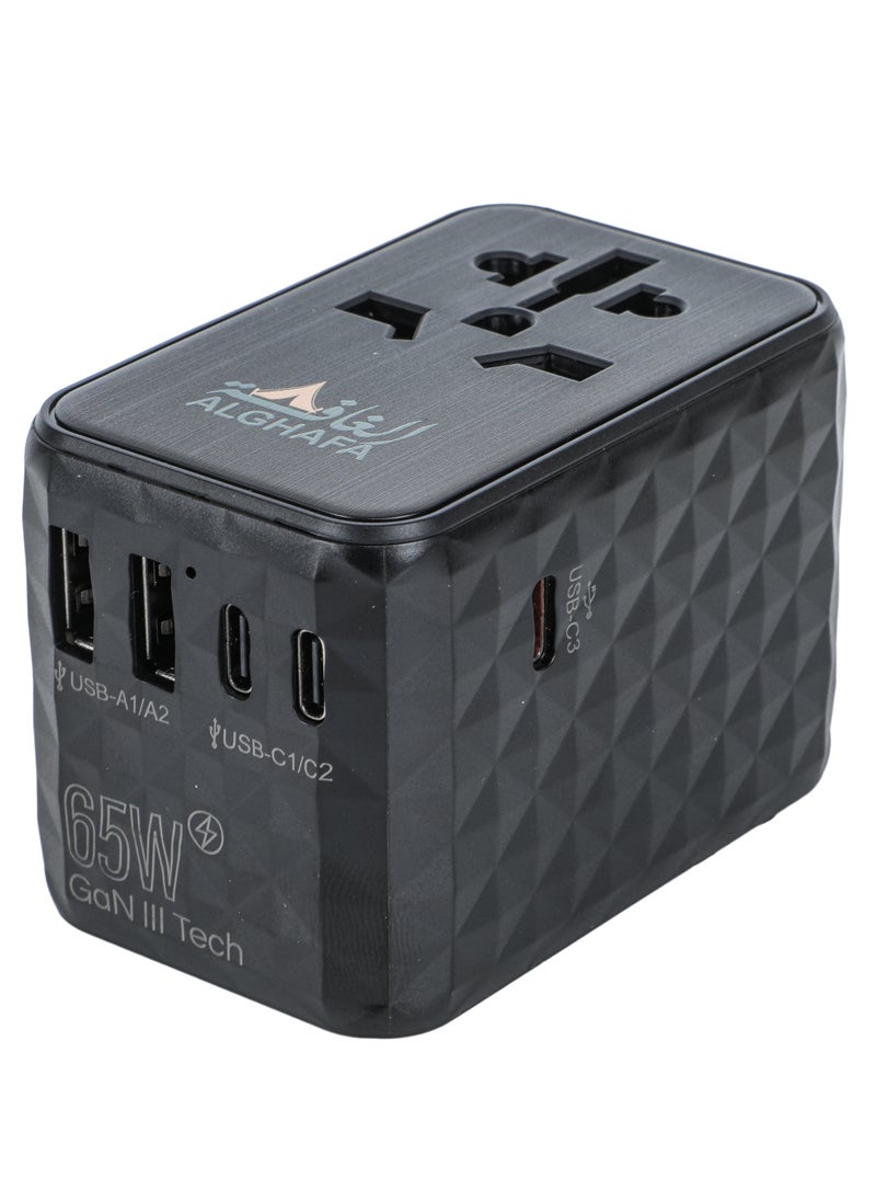 ALGHAFA Universal Travel Adapter Plug 65W with 2 USB and 3 USB-C Adapter Power Plug Fast Charge International to UK AU USA Canada Italy Australia China Japan Thailand Color  Black from Al ghafa  - Image 1